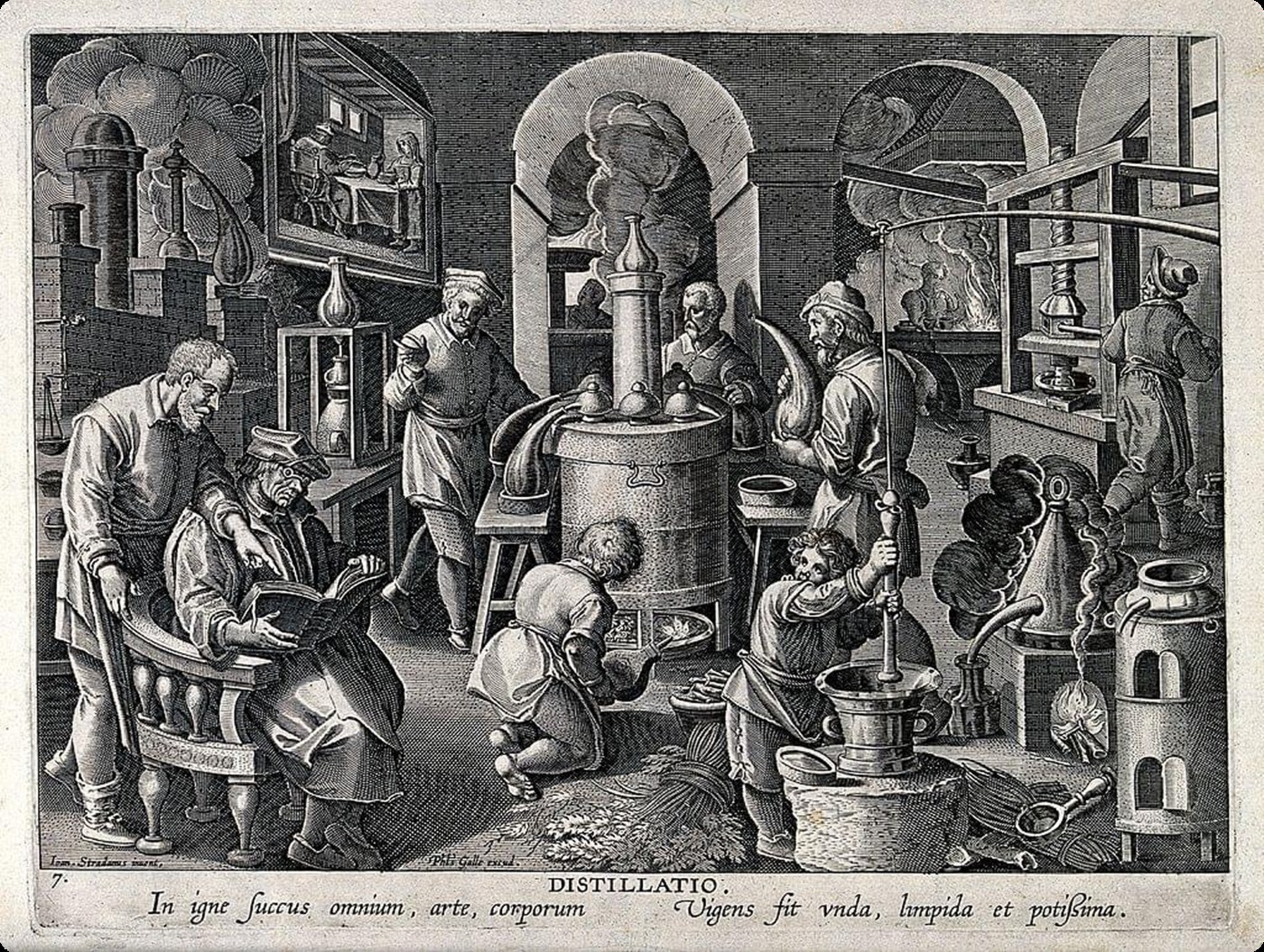 Historická destilace ginu z roku 1650